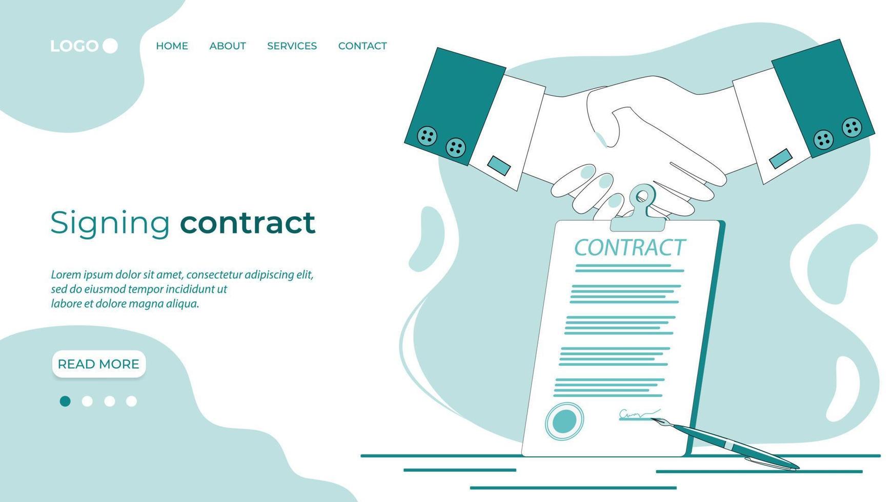 Signing contract.Handshake on the background of a signed contract.The concept of a contract, transaction, and business negotiations.Flat vector illustration.The template of the landing page.