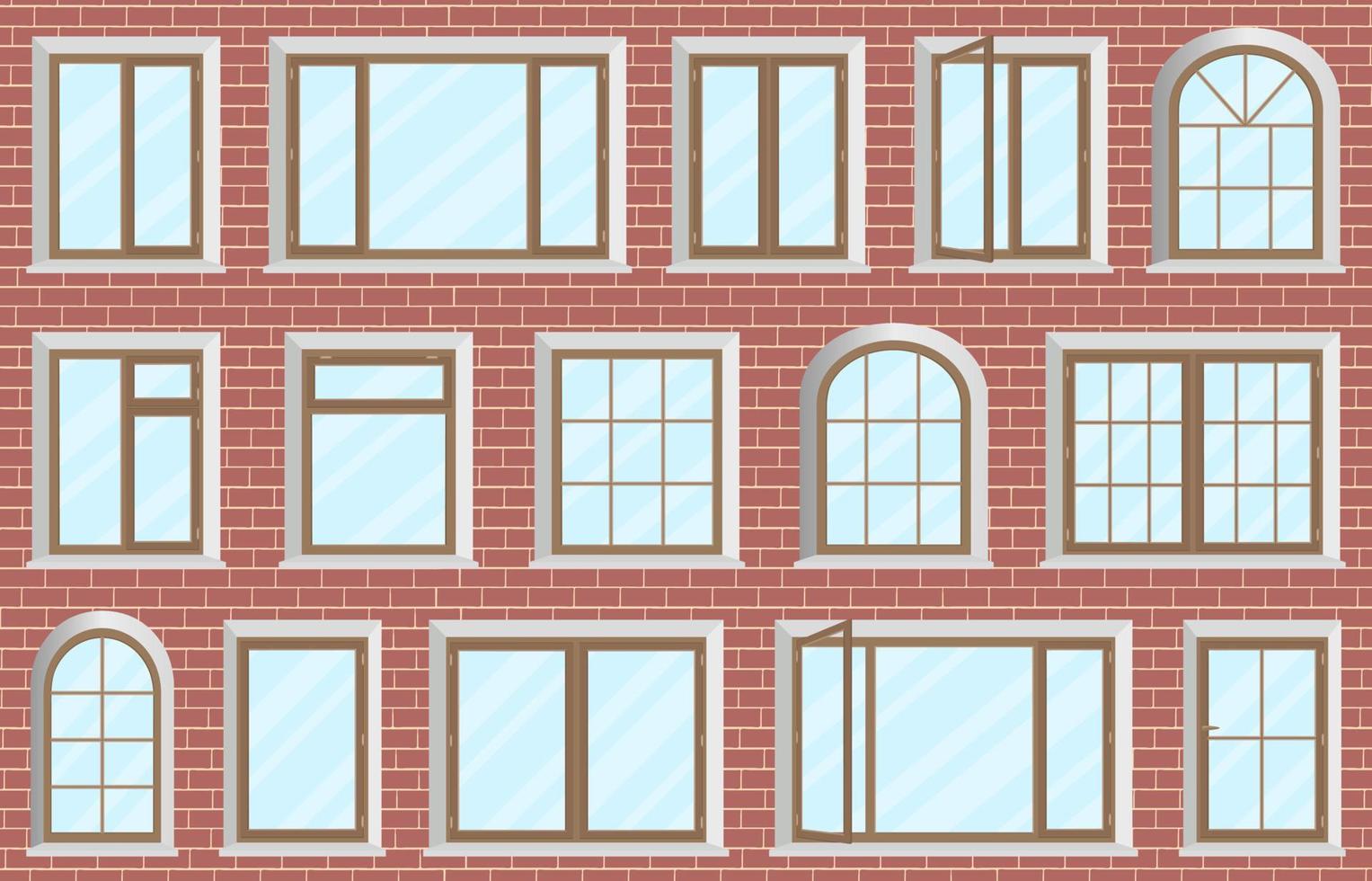 Set of plastic and wooden windows.Windows of different design located on the wall of a brick house.Can be used in design elements.Flat vector illustration.