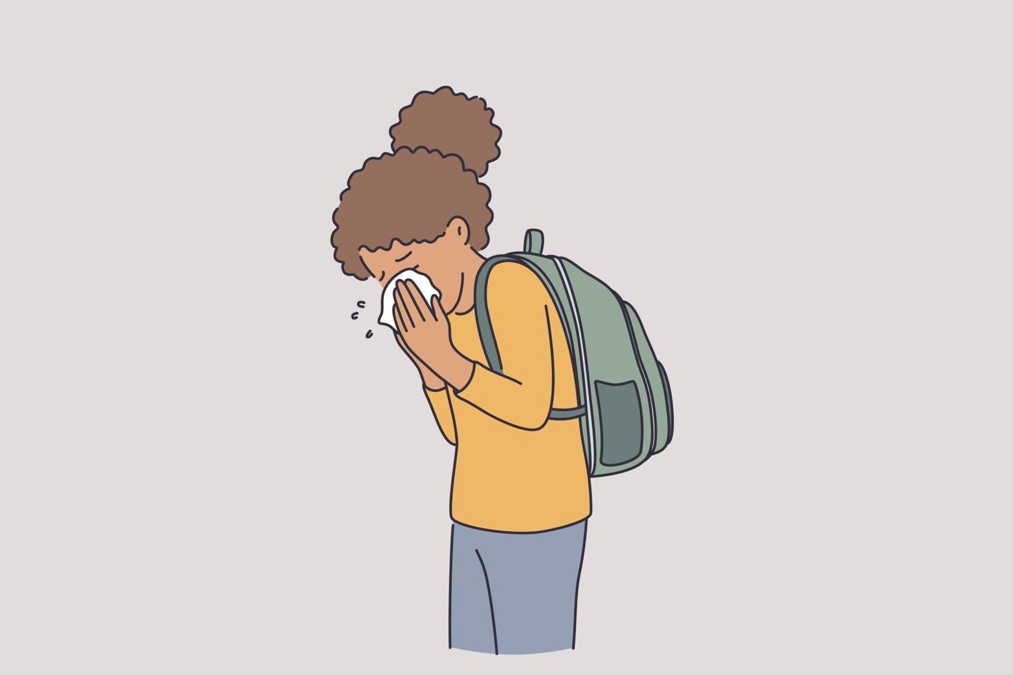 Feeling sick and runny nose concept. Small black girl cartoon character  with backpack standing using napkin to get rid of runny sneezing nose  outdoors vector illustration 13904118 Vector Art at Vecteezy