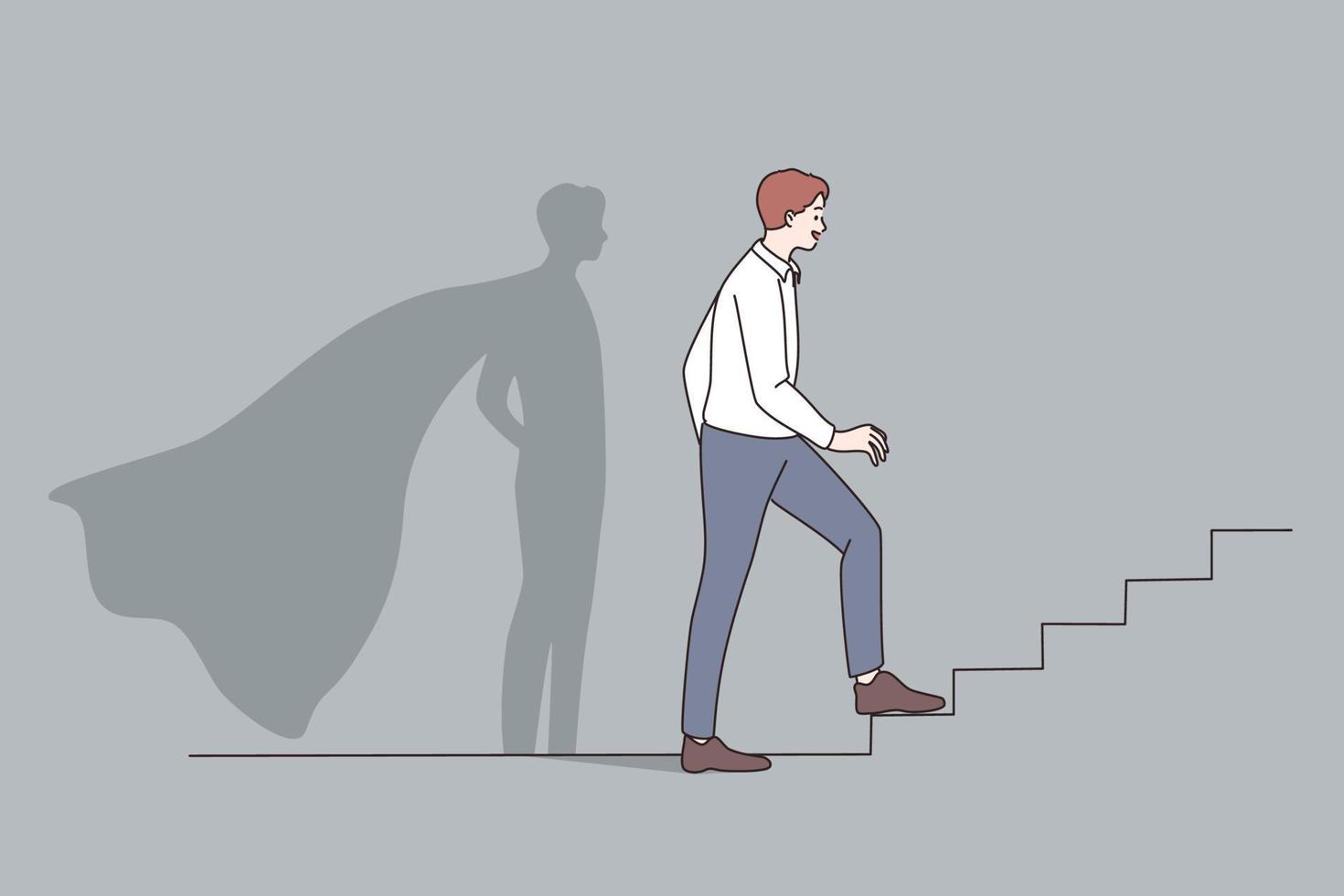 éxito, oportunidades, concepto de liderazgo. joven hombre de negocios parado en la escalera hacia adelante y mirando hacia adelante para nuevas posibilidades y desarrollo con la sombra del héroe detrás de la ilustración vectorial vector