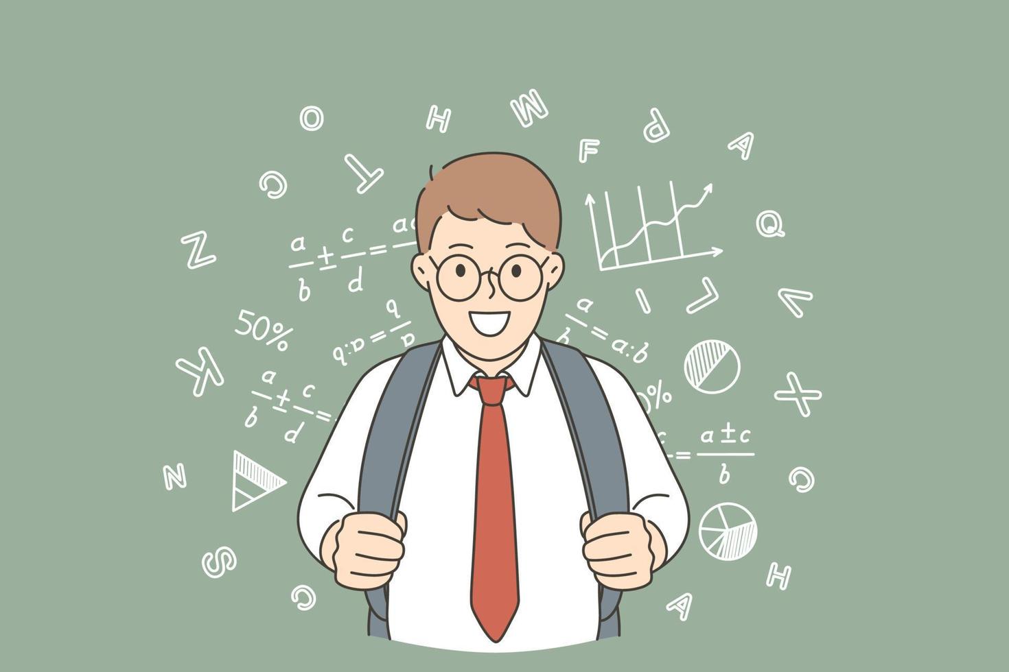 Back to school and happy education concept. Young happy positive schoolchild boy with backpack standing looking at camera feeling positive vector illustration