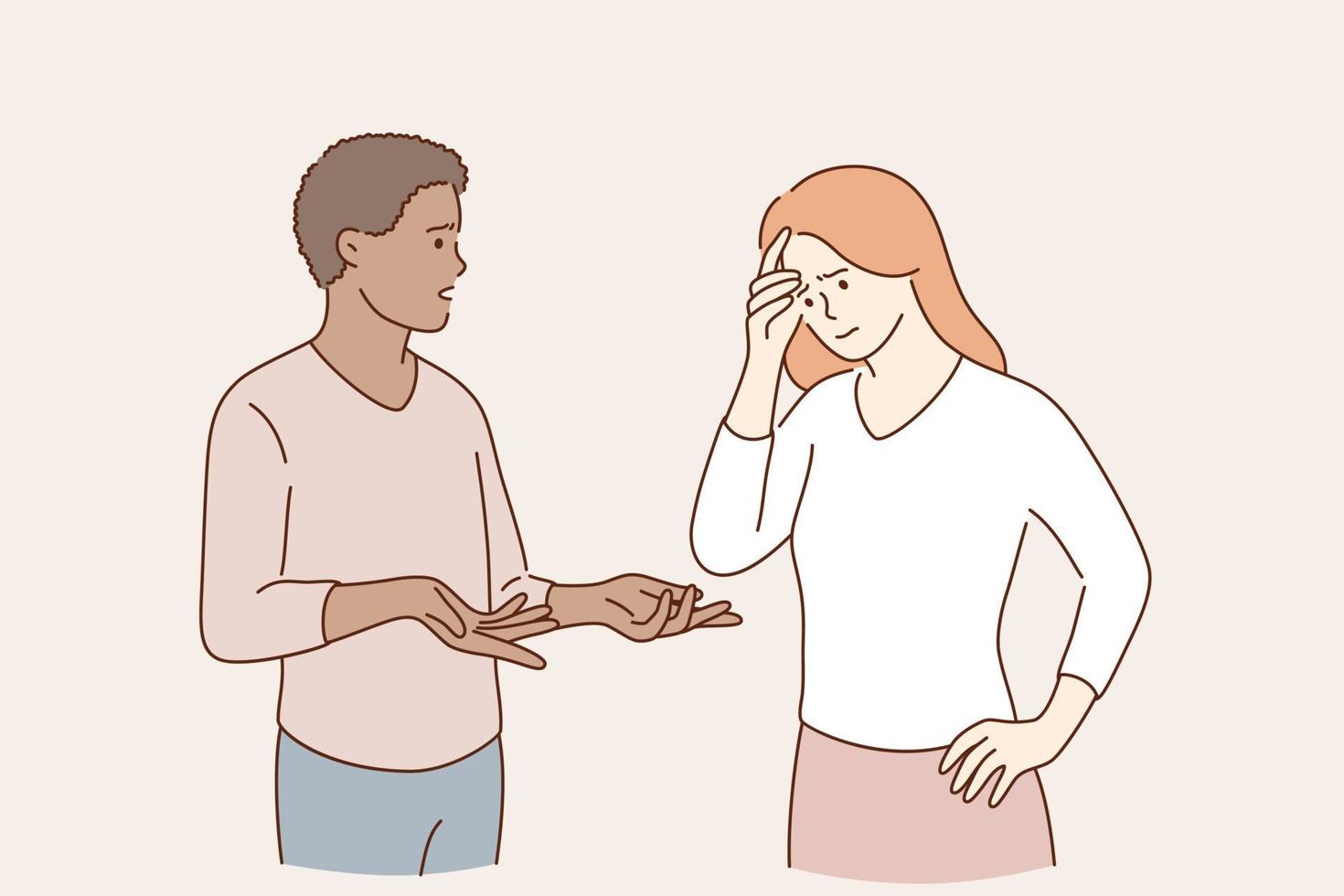 concepto de comunicación y discusión. pareja joven de raza mixta mujer y hombre de pie y hablando discutiendo cosas charlando sobre problemas comunicando ilustración vectorial vector