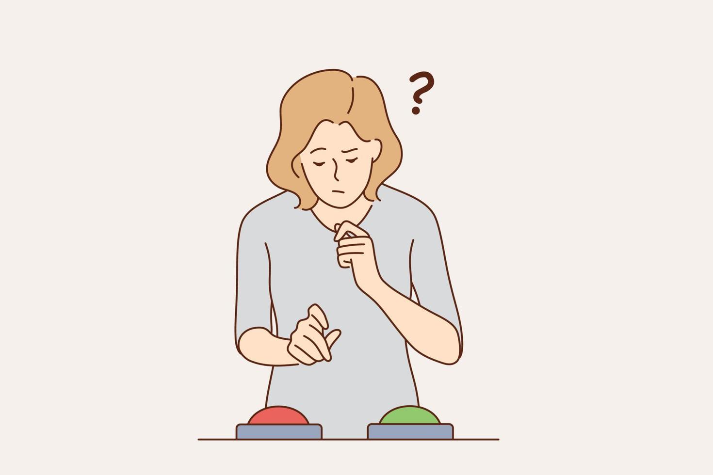 Feeling doubt, difficult choice concept. Young frustrated woman cartoon character standing feeling doubt with question signs above near red and green buttons vector illustration