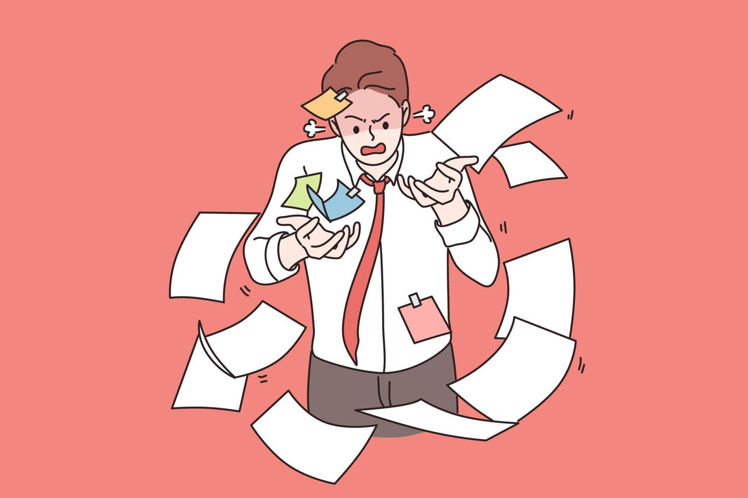 Tiredness, stress, burnout concept. Portrait of angry irritated businessman standing in flying heap of documents trying to catch feeling stressed and tired vector illustration