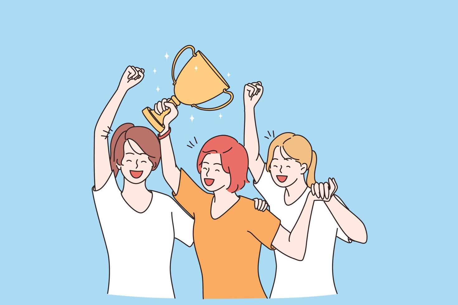 ganar, éxito, concepto de victoria de celebración. grupo de personajes de dibujos animados del equipo de chicas felices sonrientes de pie sosteniendo el premio de oro por el primer lugar en las manos celebrando la ilustración del vector de la victoria