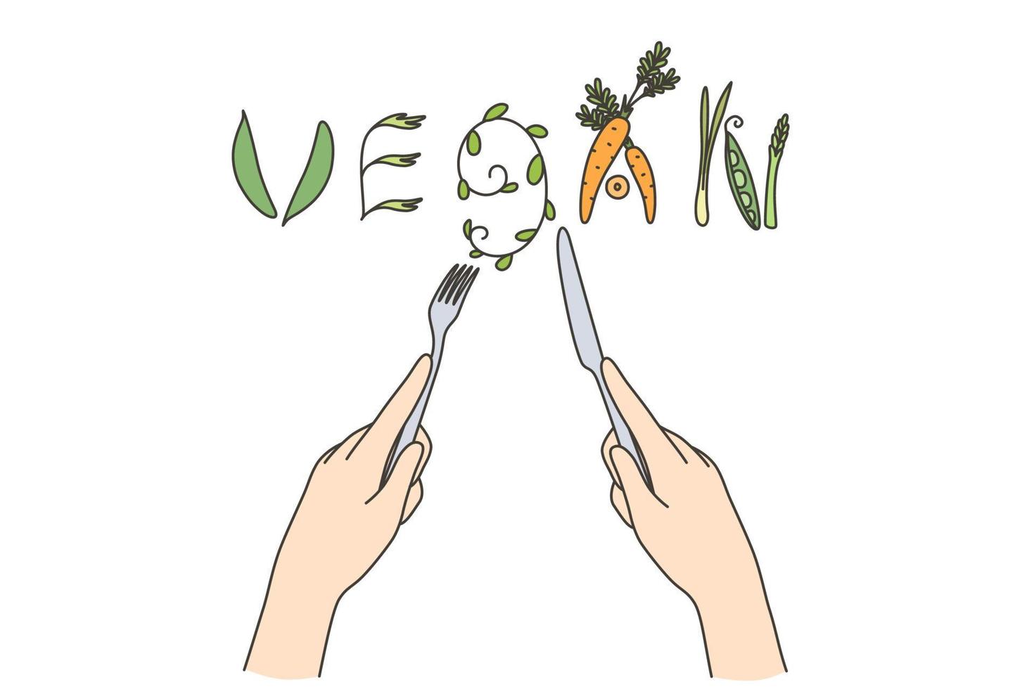 Vegan food and dieting concept. Human hands forming word began out of cutlery and raw natural vegetarian natural ingredients for healthy eating vector illustration