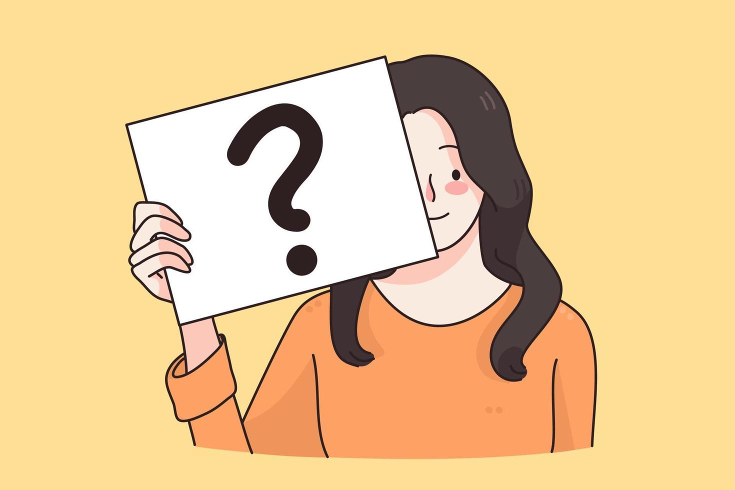 Question, doubt, asking concept. Frustrated positive woman cartoon character standing with question mark on sign feeling doubt having no answer vector illustration