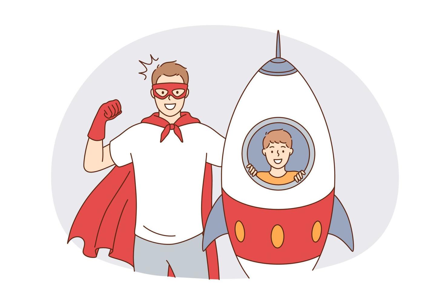 Happy fatherhood and childhood concept. Happy smiling father man in superhero costume and his son in toy rocket playing looking at camera feeling excited together vector illustration