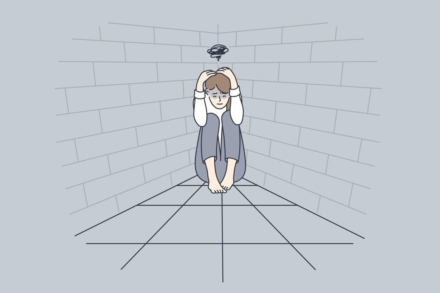 Depression, bad thoughts, grief concept. Young sad woman cartoon character sitting on floor touching head suffering from depression feeling down vector illustration