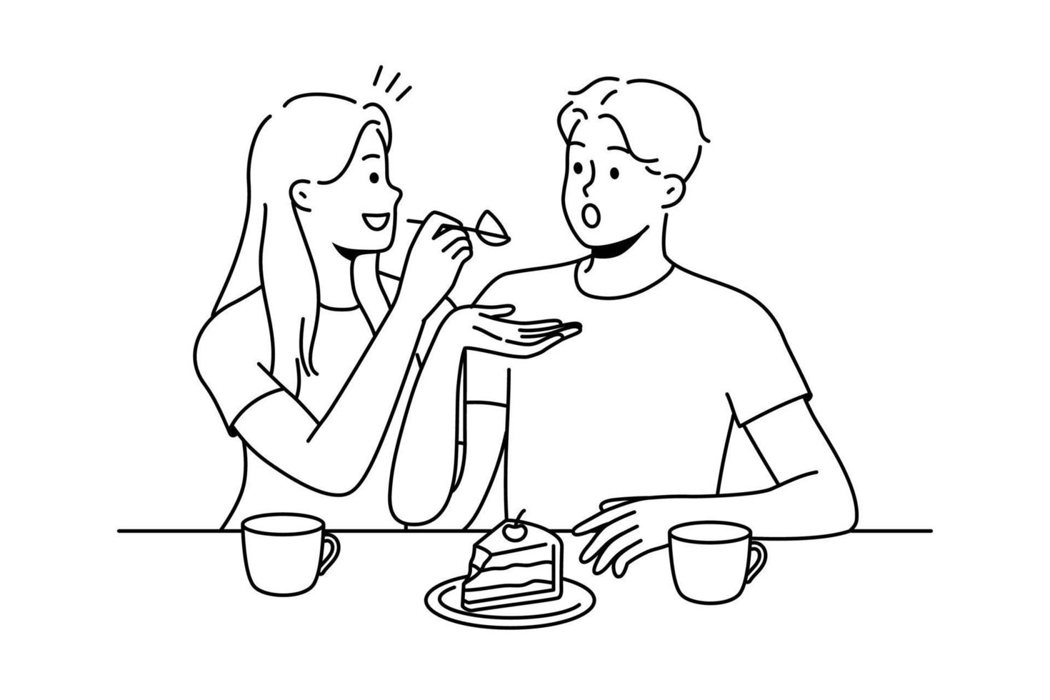 Happy couple eating cake together. Smiling woman feed man delicious dessert drinking tea. Vector illustration.