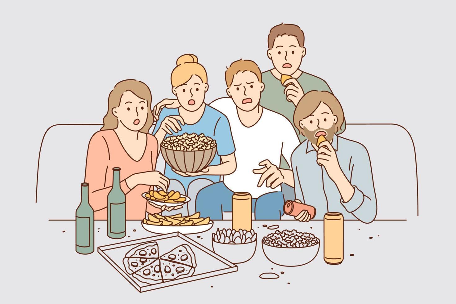 Watching movie together leisure concept. Group of young surprised people friends cartoon characters sitting with pizza and snacks watching movie together vector illustration