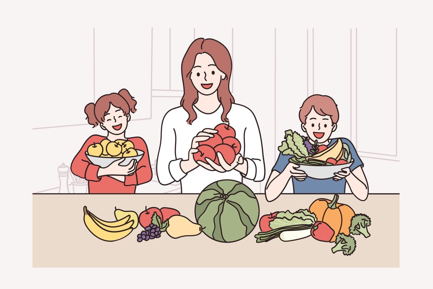 alimentos saludables para niños y concepto familiar. feliz sonriente madre hija y pequeño hijo personajes de dibujos animados de pie preparando un batido saludable en la ilustración de vector de cocina