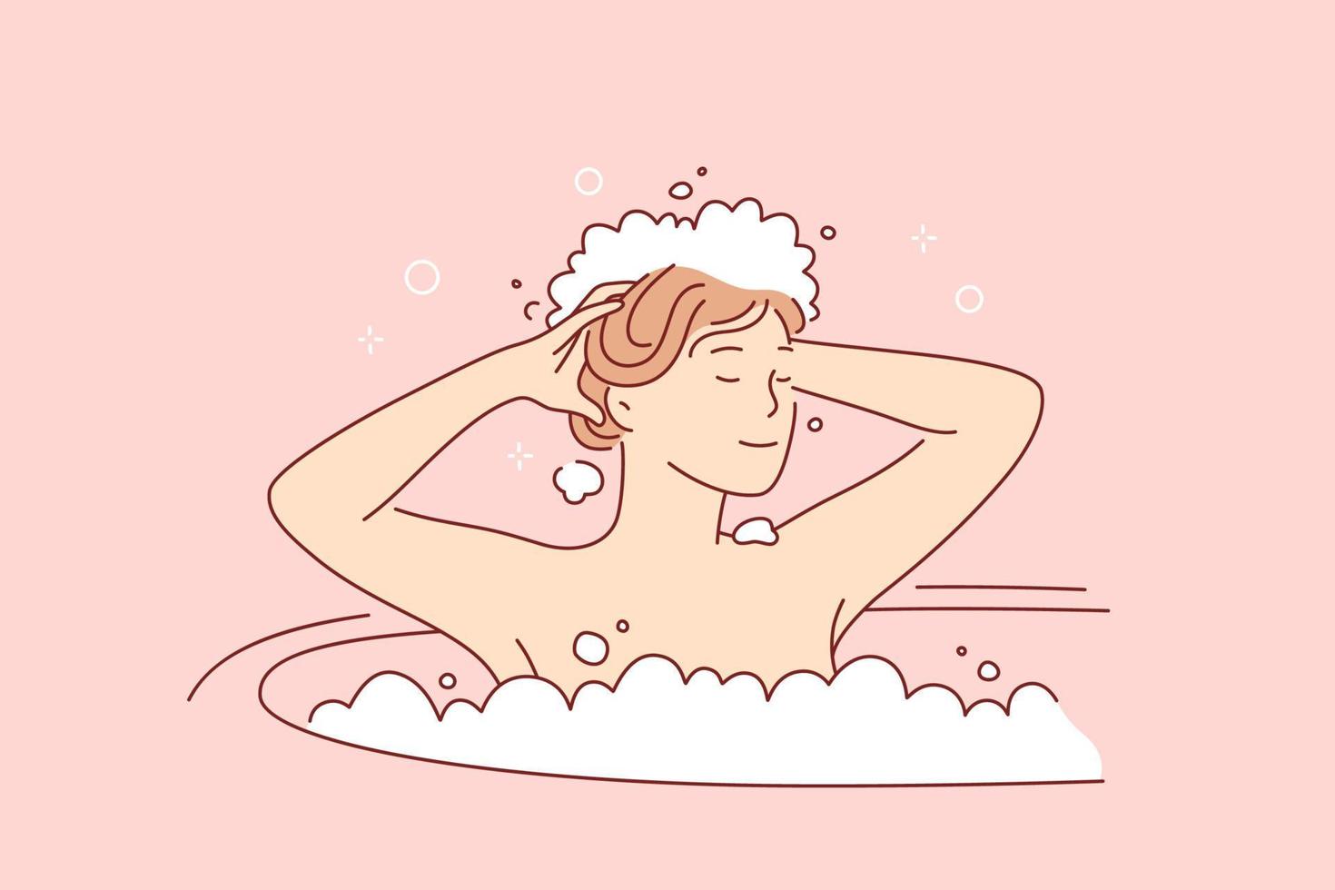 concepto de higiene y cuidado del cabello. joven personaje de caricatura de mujer sonriente lavando el cabello en el baño con champú y espuma de burbujas ilustración vectorial vector