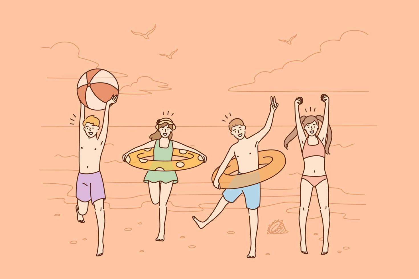 Summer vacations and activities concept. Group of happy children friends cartoon characters jumping on beach wearing swimsuits feeling excited vector illustration