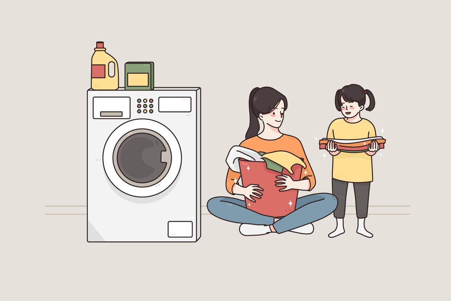 Laundry and spending time with children concept.Young smiling happy woman and her small daughter cartoon characters sitting on floor preparing dirty clothes for washing together vector illustration
