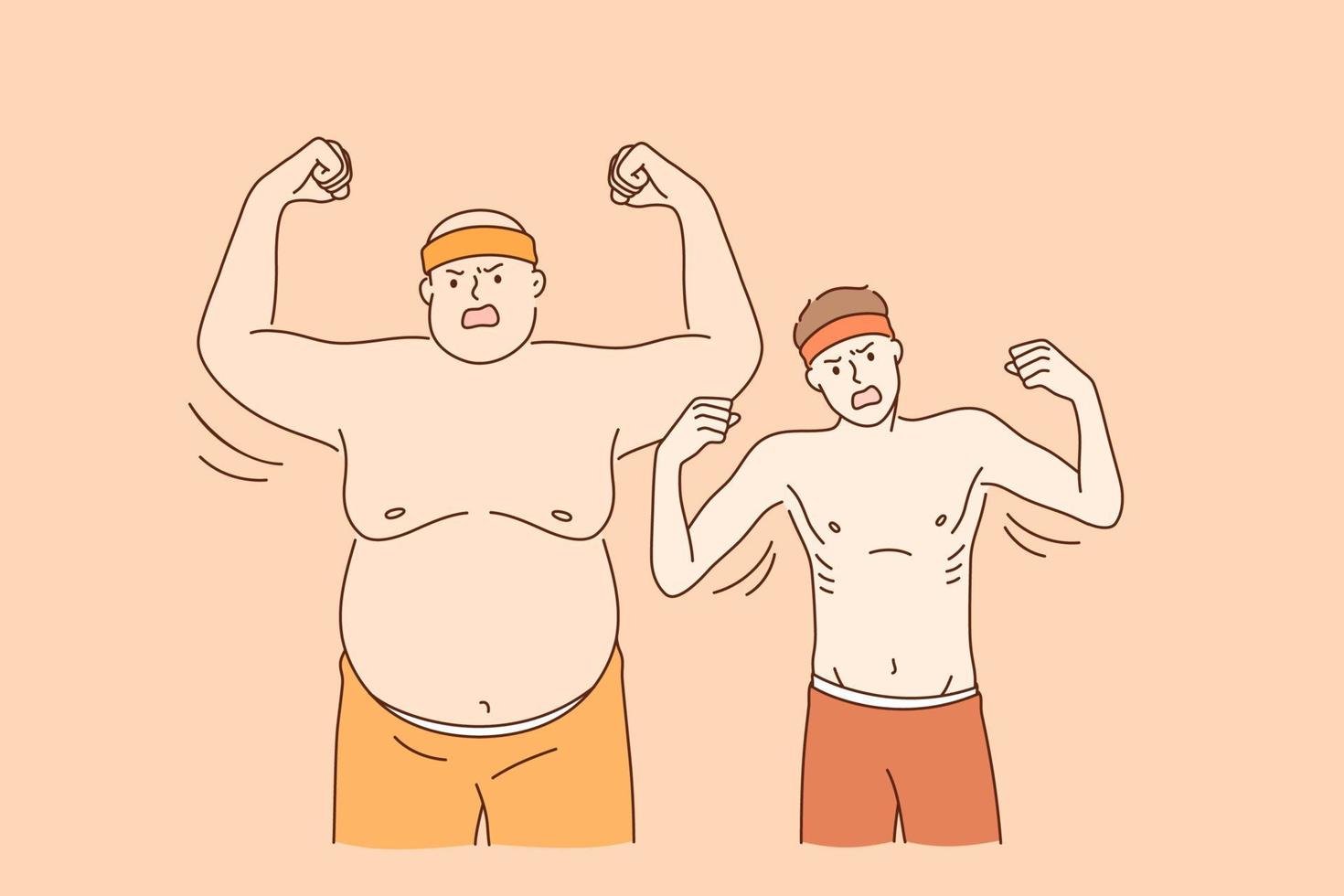 Thick and thin athletes concept. Young furious big overweight and thin fit sportsmen fighters standing showing different biceps shouting looking at camera vector illustration