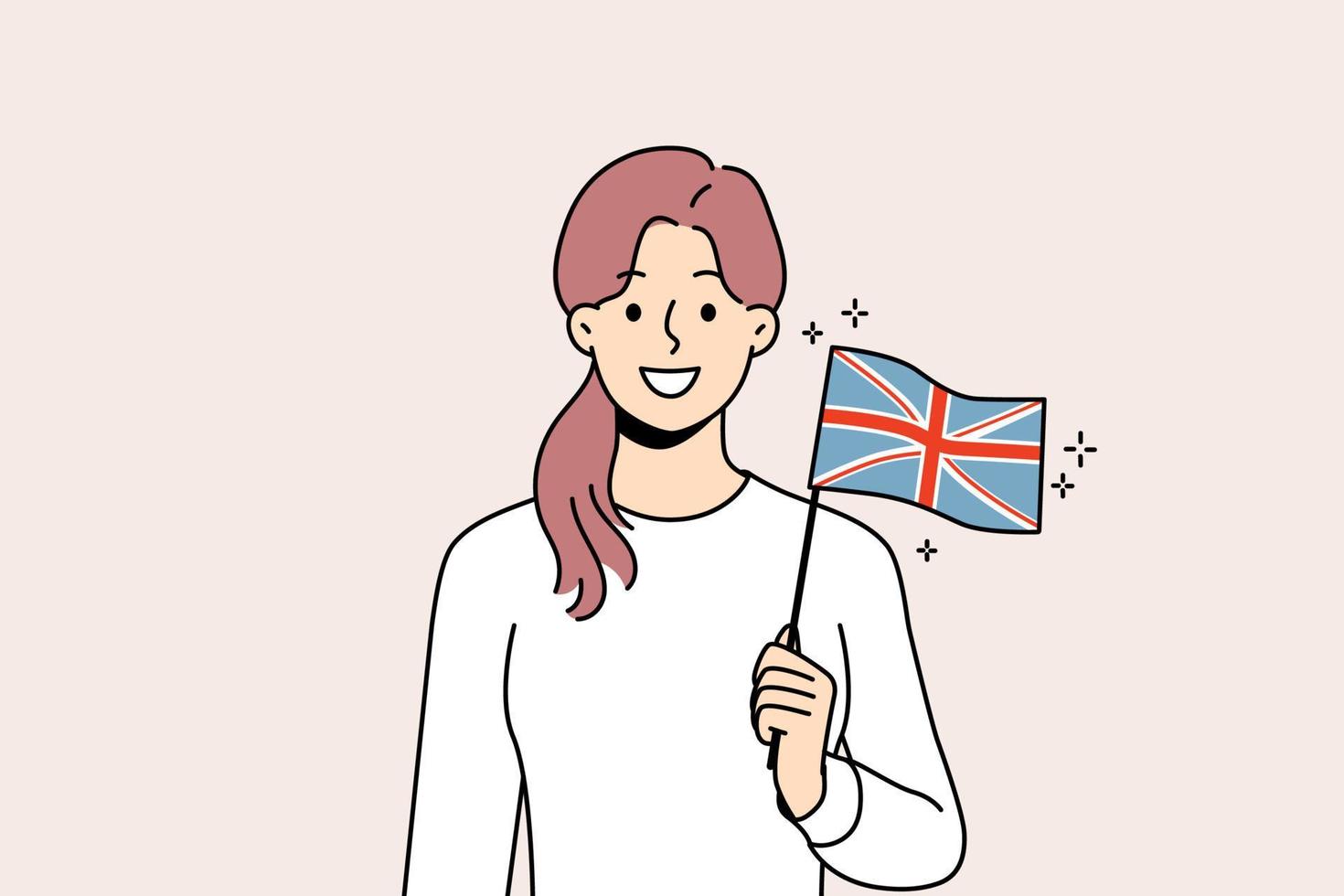 Smiling young woman holding UK flag in hands. Happy female with British national sign. Vector illustration.