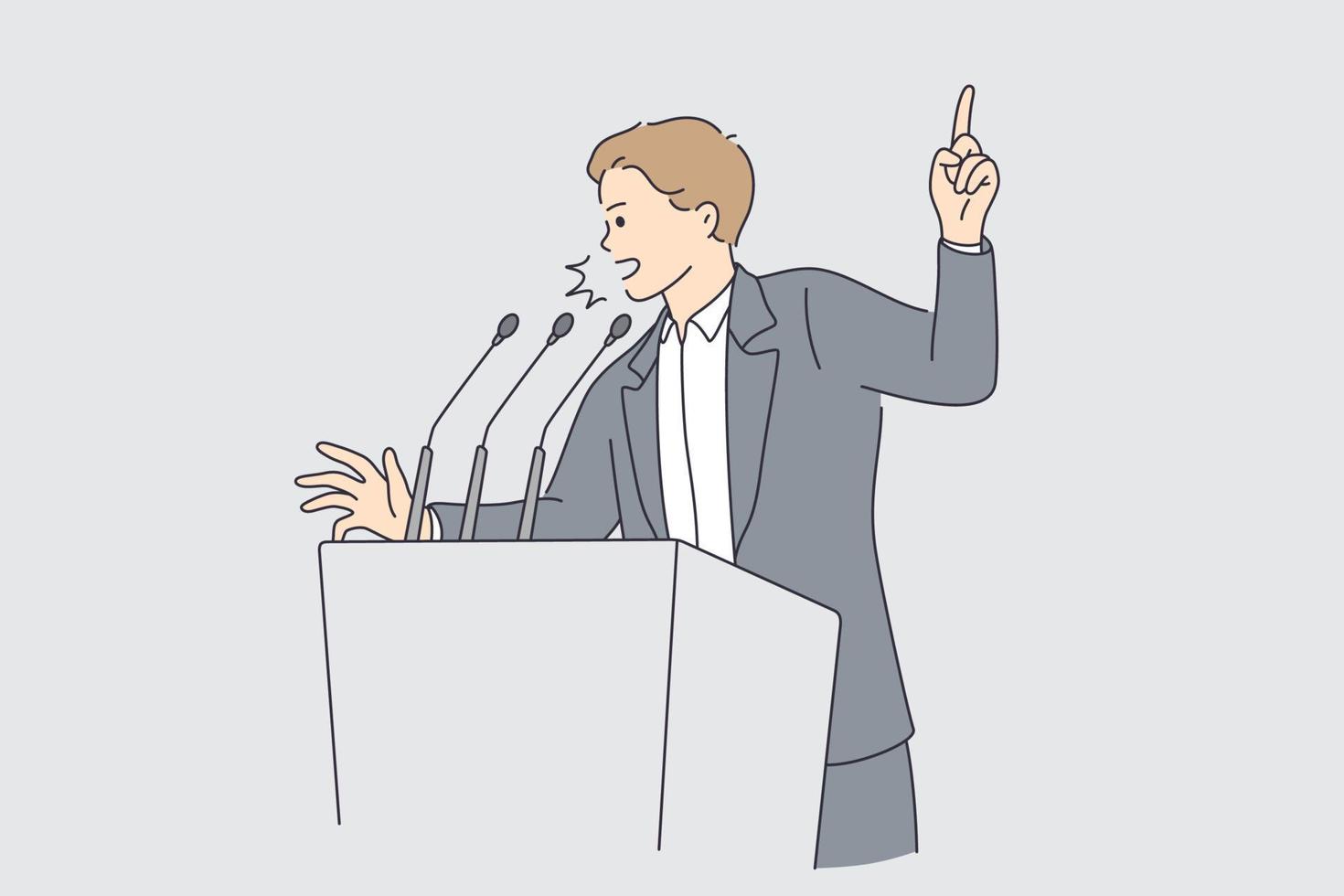 Politics and election campaign concept. Young determined businessman or politician man cartoon character standing and making announcement or presentation from tribune showing finger up vector