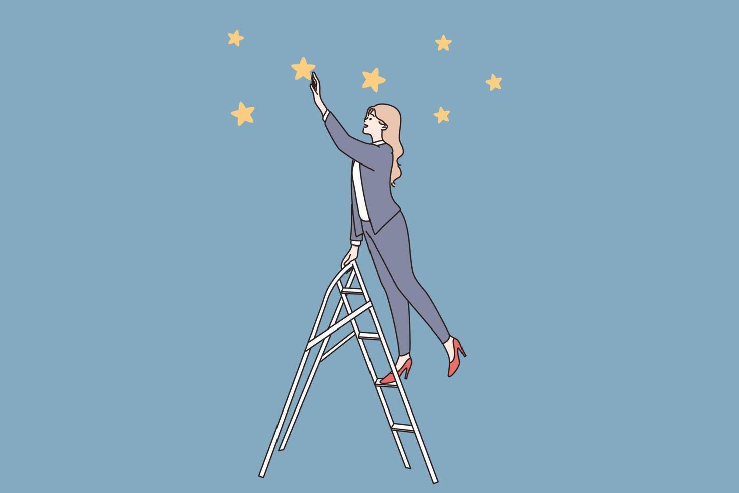 éxito, líder, concepto de posibilidades. joven mujer de negocios de pie en la escalera y mirando hacia adelante para nuevas posibilidades y desarrollo tocando estrellas ilustración vectorial vector