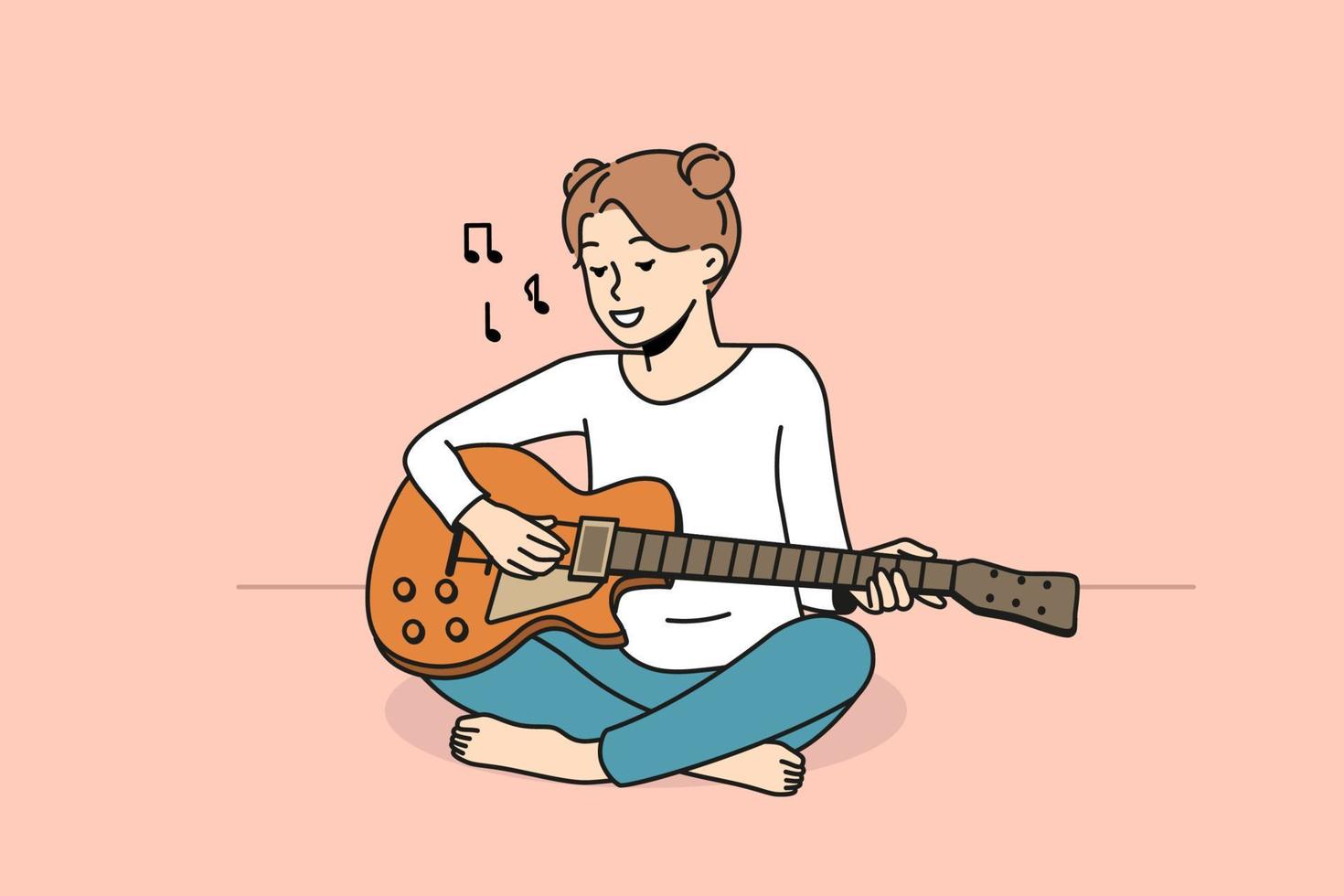Smiling girl sit on floor playing guitar. Happy female enjoy musical lesson with instrument. Hobby and entertainment. Vector illustration.