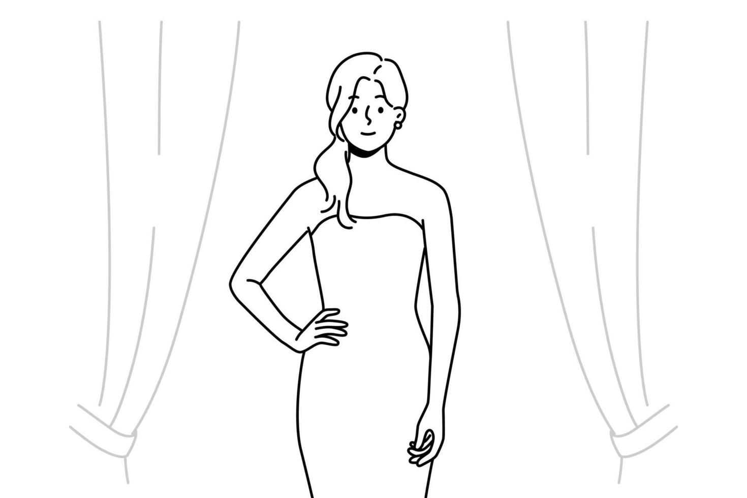 hermosa mujer joven en vestido de pie en el escenario. bonita mujer en vestido de moda en concurso de belleza. glamour y moda. ilustración vectorial vector