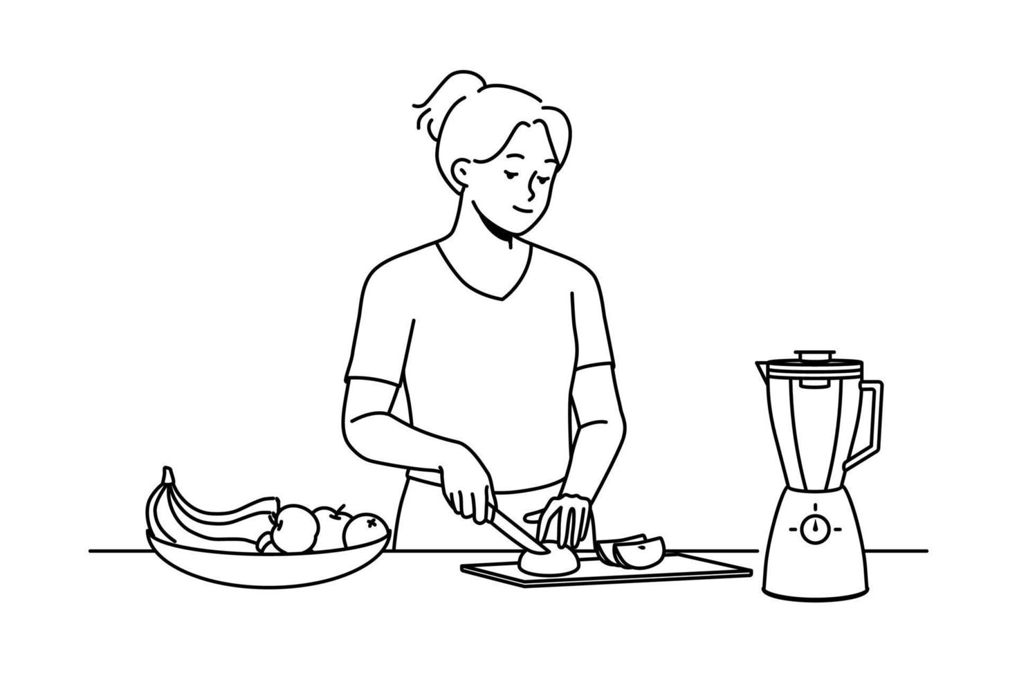 mujer joven feliz cortando frutas para batido. niña sonriente corta fruta fresca en la cocina sigue un estilo de vida saludable. ilustración vectorial vector