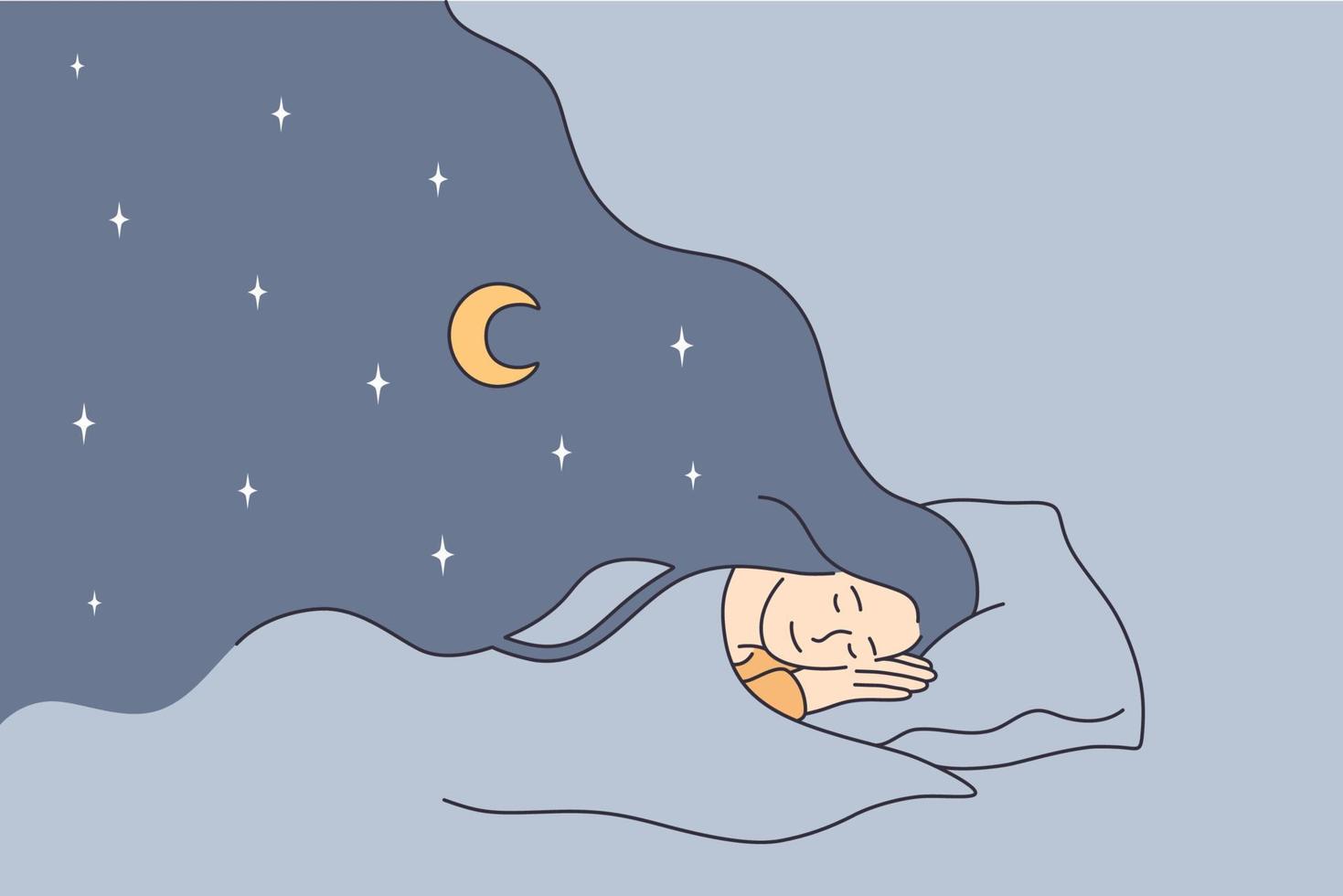 tener dulces sueños en el concepto de noche. joven personaje de dibujos animados de niña positiva acostado en la cama durmiendo teniendo sueños con los ojos cerrados ilustración vectorial vector