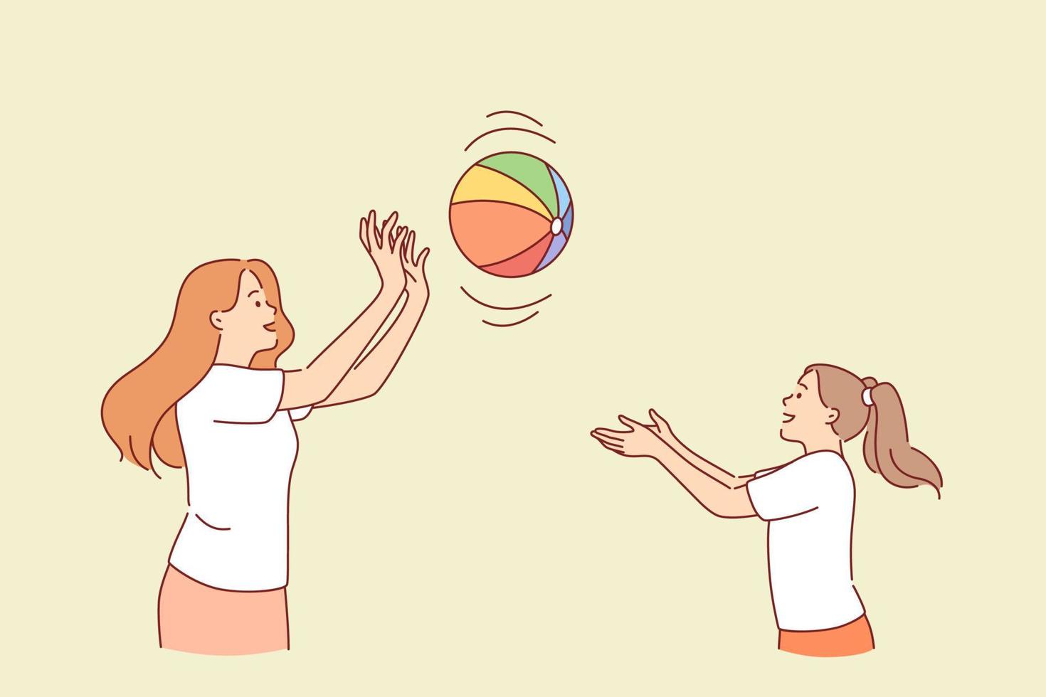 concepto de maternidad y actividades de verano. personajes de dibujos animados femeninos de madre e hija jugando bal al aire libre en verano juntos divirtiéndose ilustración vectorial vector