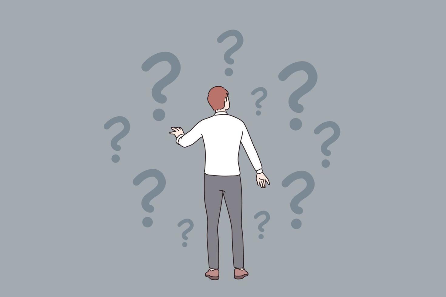 Doubt, question, uncertain concept. Young frustrated businessman standing backwards and feeling doubt with question signs above vector illustration