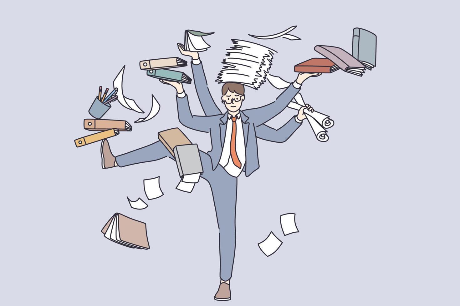 Business multitasking and time management concept. Young frustrated businessman cartoon character standing with heap of books document paperwork feel stressed and tired trying to manage everything vector