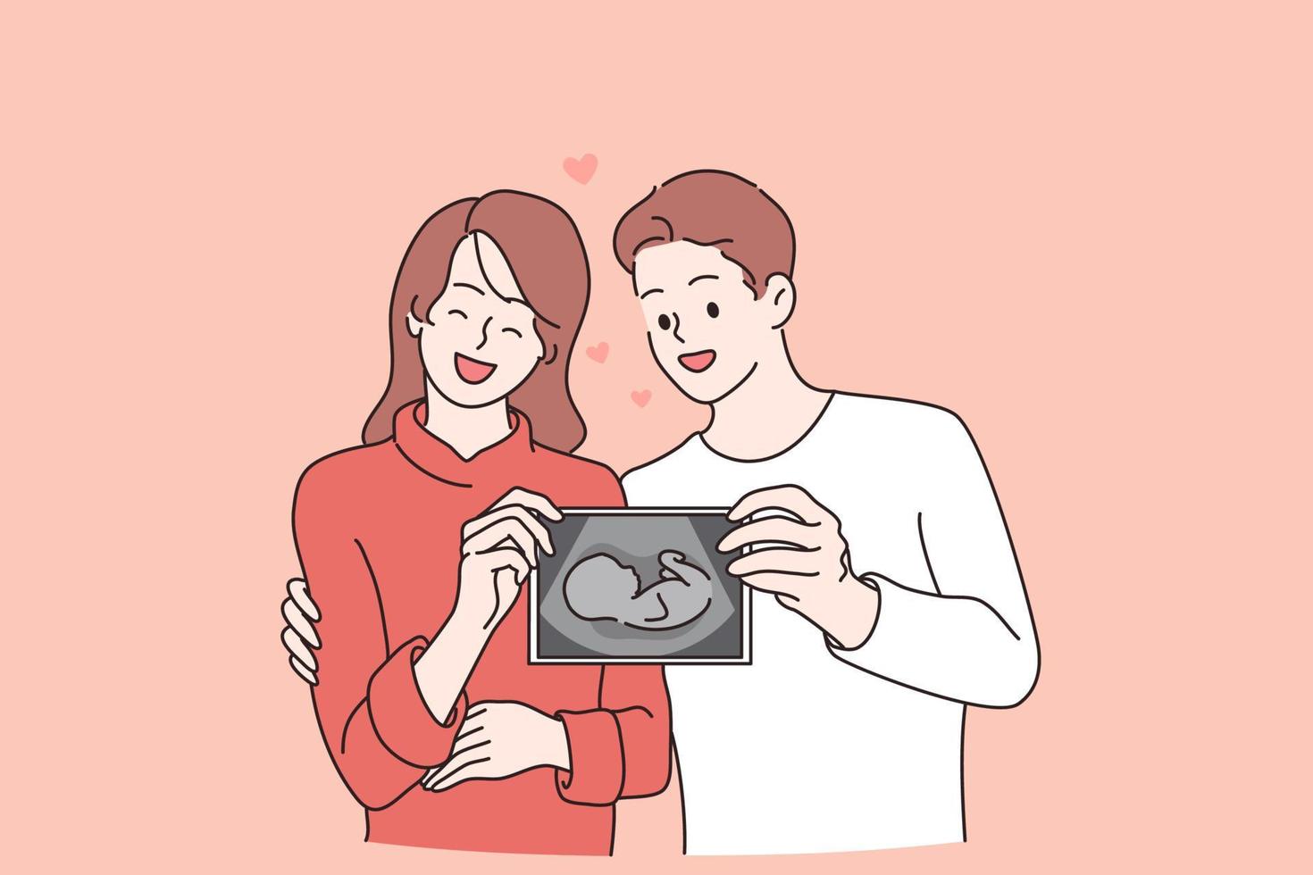 Awaiting for baby and couple happiness concept. Young smiling couple cartoon characters standing holding ultrasound test in hands waiting for baby feeling excited happy vector illustration