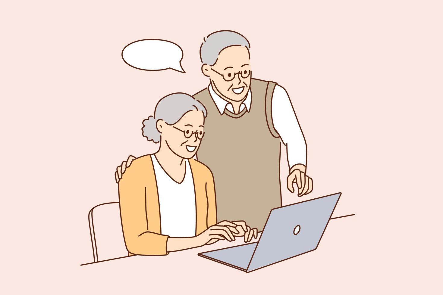 Senior people and technologies concept. Positive mature elderly couple using laptop together learning computer communicating online together vector illustration