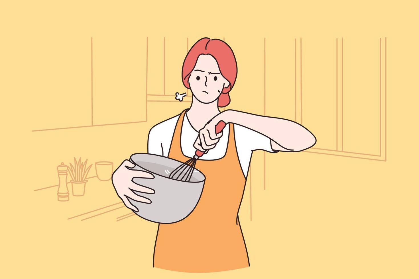 Tiredness of cooking at home concept. Sad frustrated irritated pretty girl cartoon character in apron standing cooking and feeling tired of housework vector illustration
