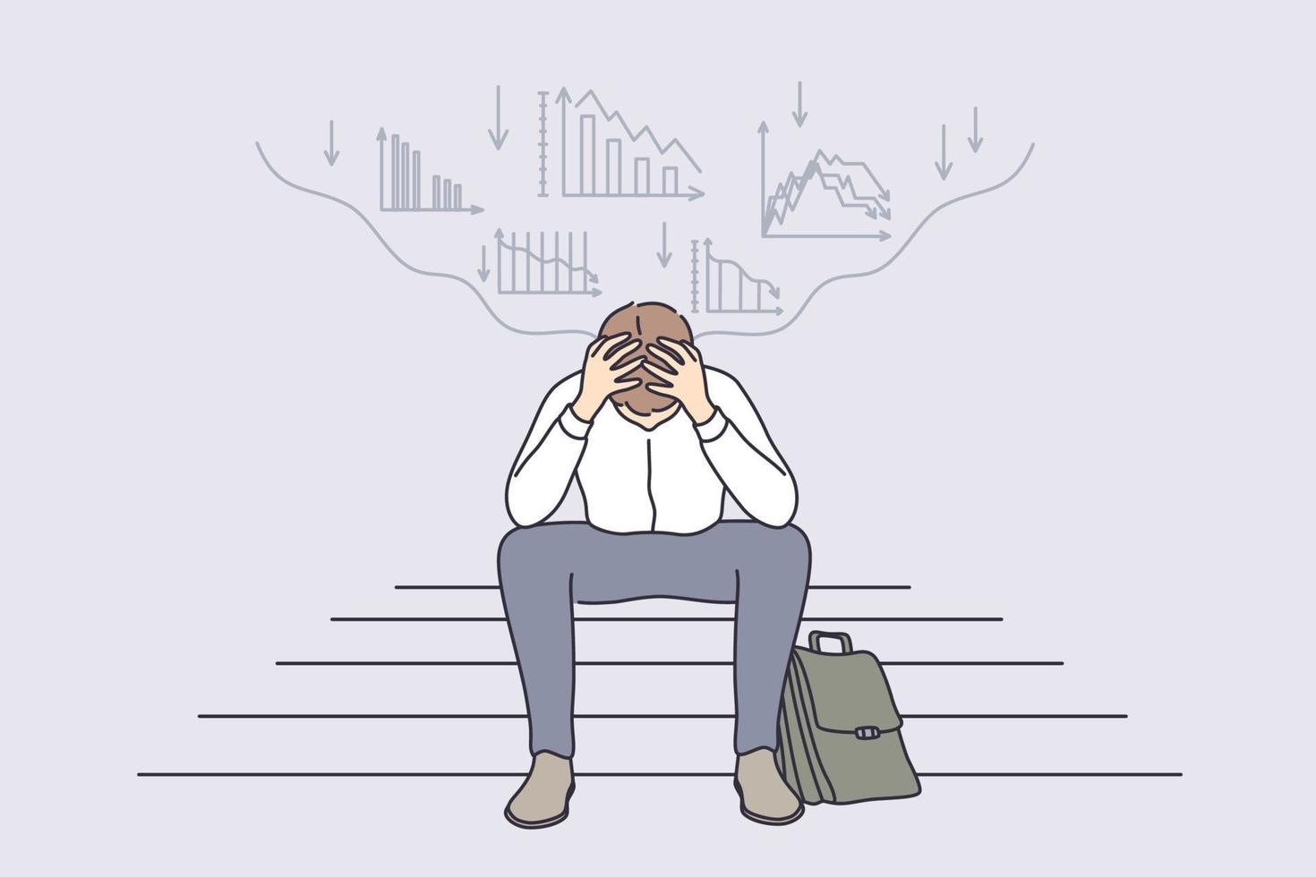 Economic regression, failure in business concept. Tired or stressed businessman cartoon character sitting on ladder stairs in panic feeling depressed stock market financial background vector