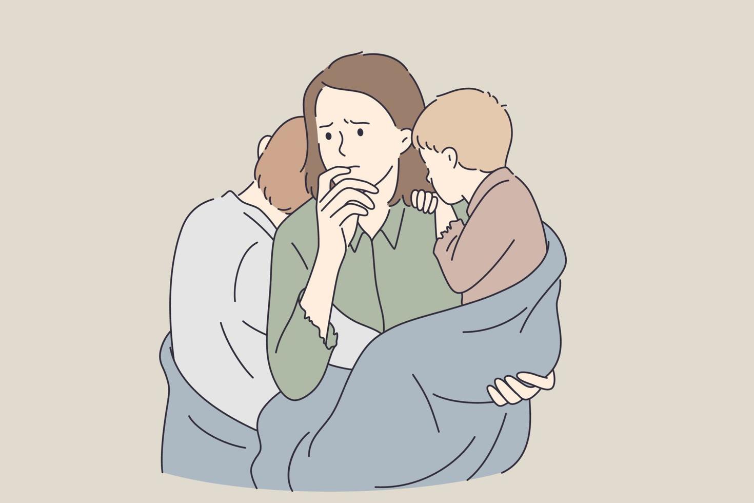 Poverty, single mother, troubles concept. Young sad unhappy mother woman cartoon character with two children standing feeling upset having no enough money for food and living vector