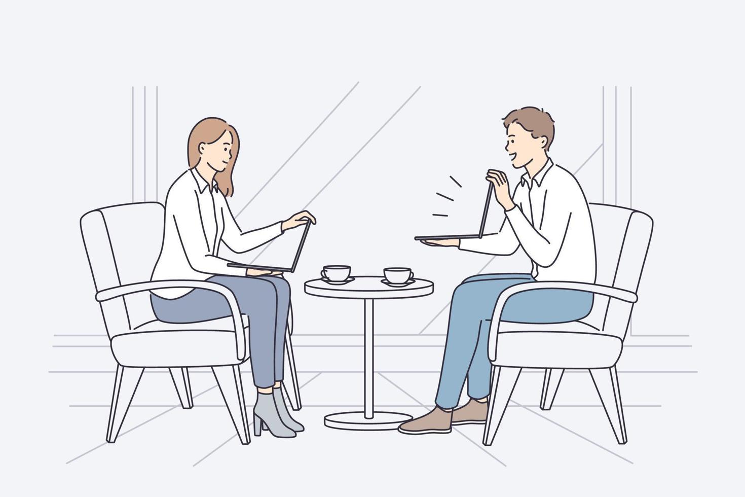 Business meeting and discussion concept. Young business partners woman and man sitting with laptops discussing business corporate project together sharing ideas vector illustration