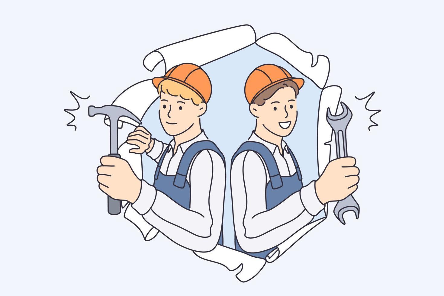 Repairmen during construction work concept. Young smiling men workers in helmets and working uniform standing looking from damaged old wallpapers holding hammers in hands vector