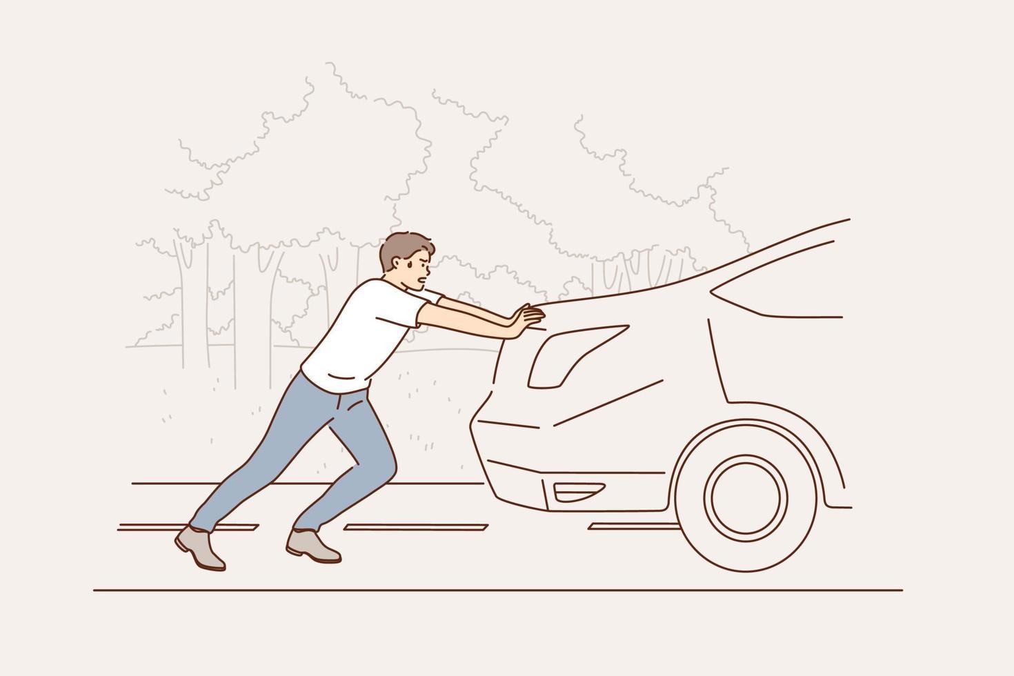 Car breakdown and service concept. Tired young man cartoon character pushing broken damaged car vehicle on road to service repairing vector illustration