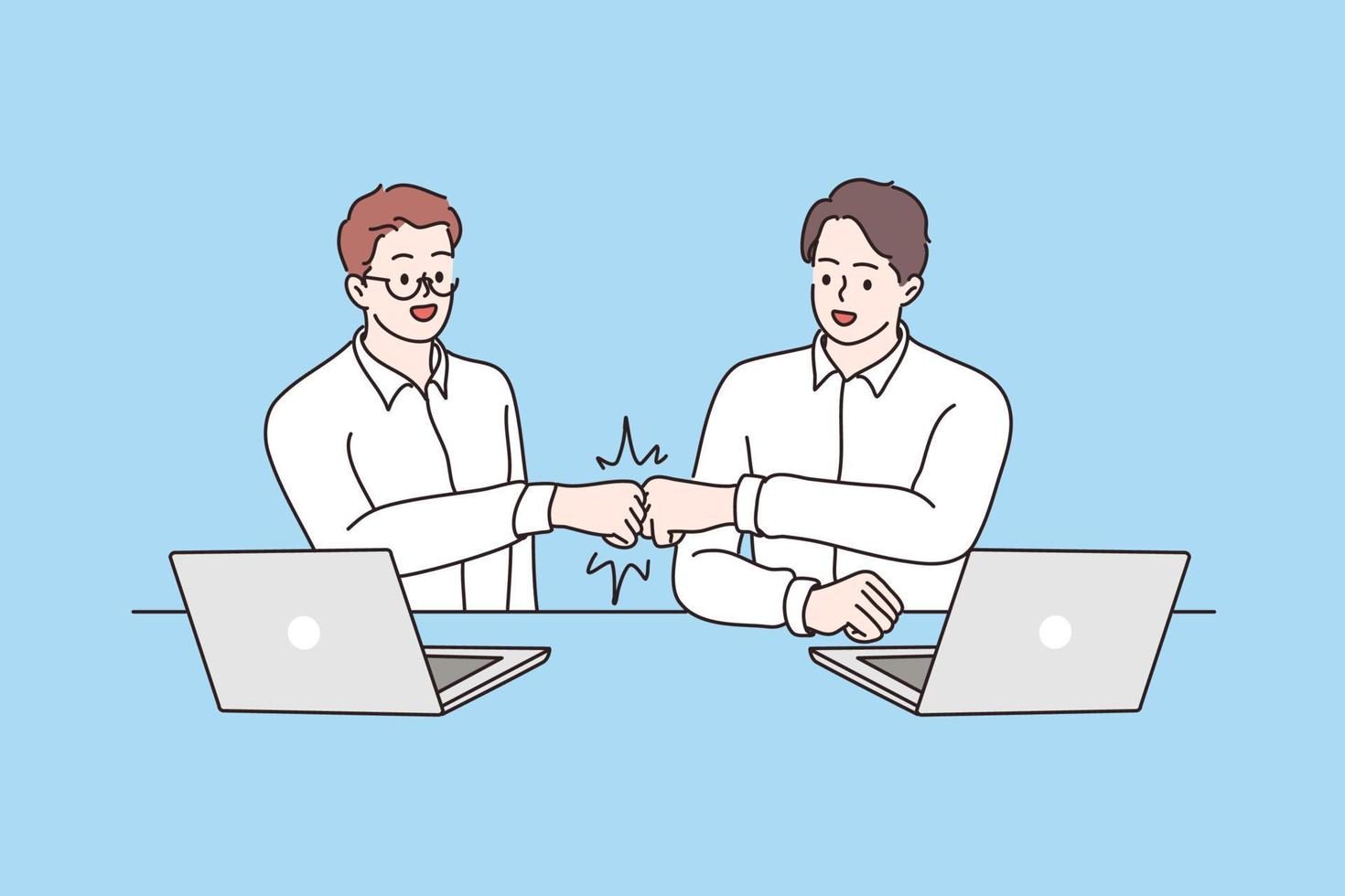 Success, cooperation, agreement concept. Smiling male young business partners workers sitting and shaking hands meaning collaboration and agreement in office vector illustration