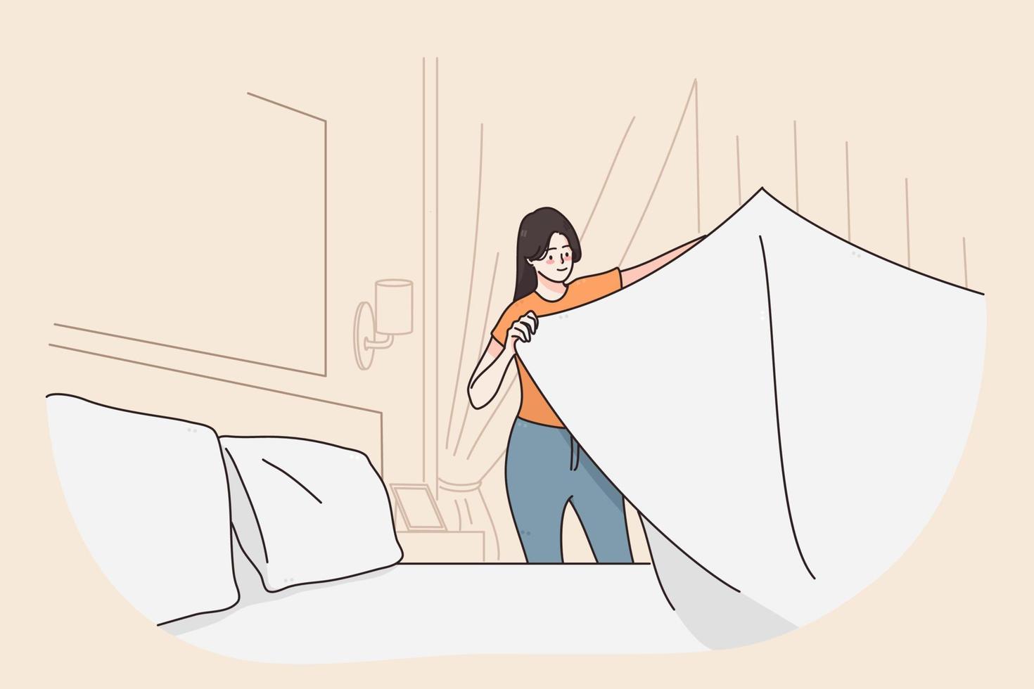 día de lavandería y concepto de limpieza. joven sonriente mujer feliz personaje de dibujos animados de pie sosteniendo una sábana blanca limpia en la ilustración de vector de habitación