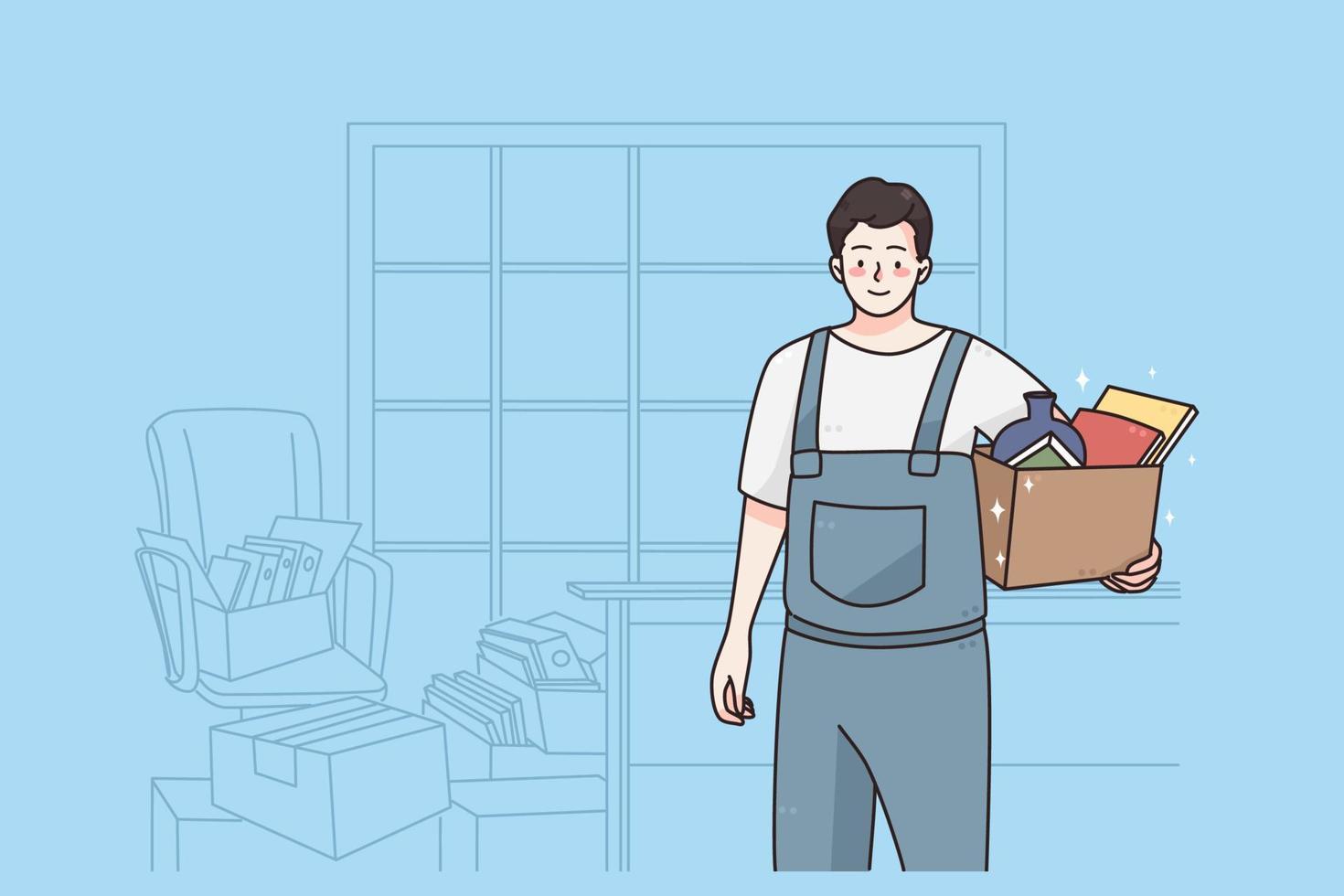 Repairman and workman concept. Young smiling man cartoon character standing with box of tools working as repairman in apartment vector illustration