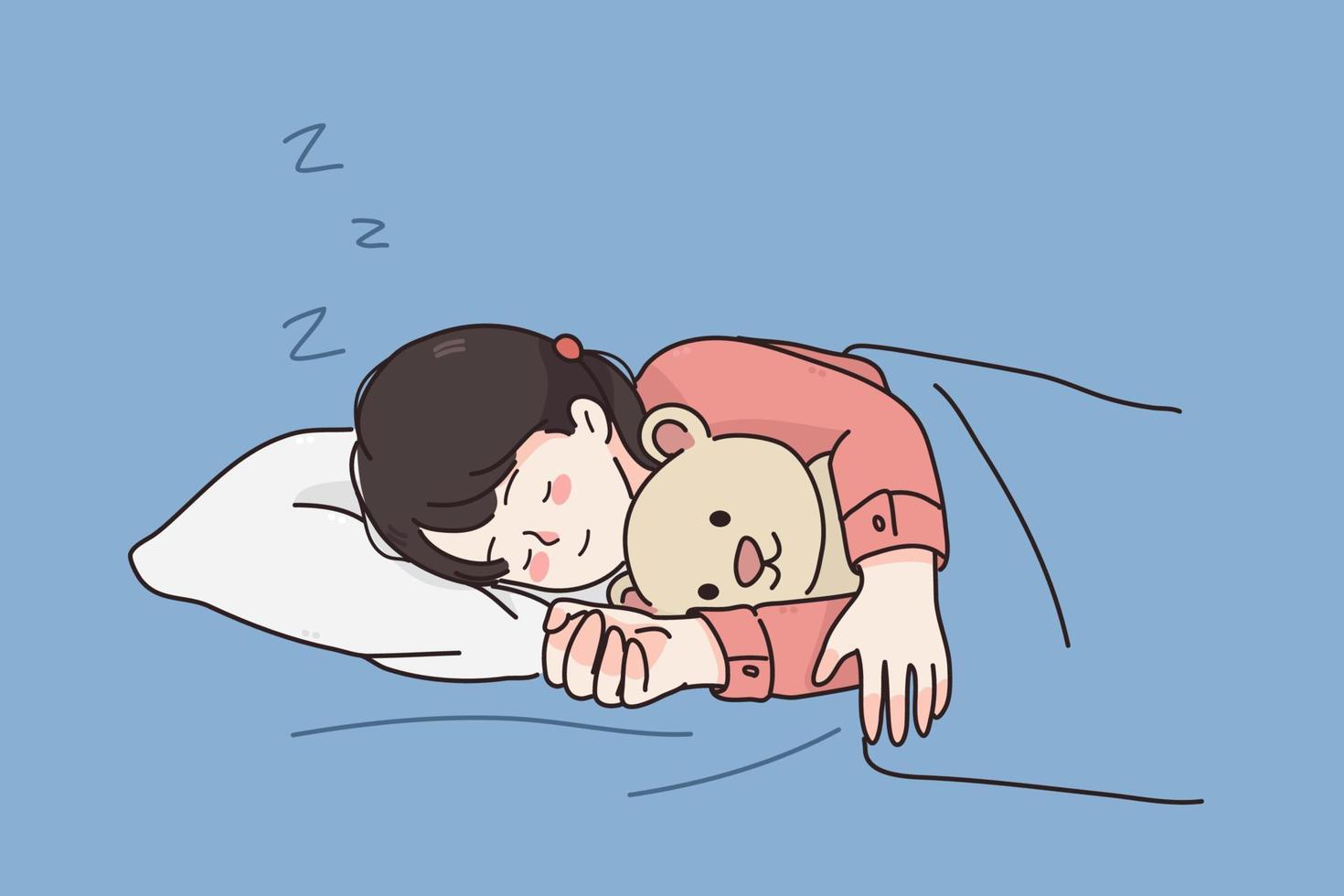 sueño de descanso confortable durante el concepto de noche. niña pequeña personaje de dibujos animados niño sueño de descanso confortable durante el concepto de noche. niña pequeña personaje de dibujos animados niño