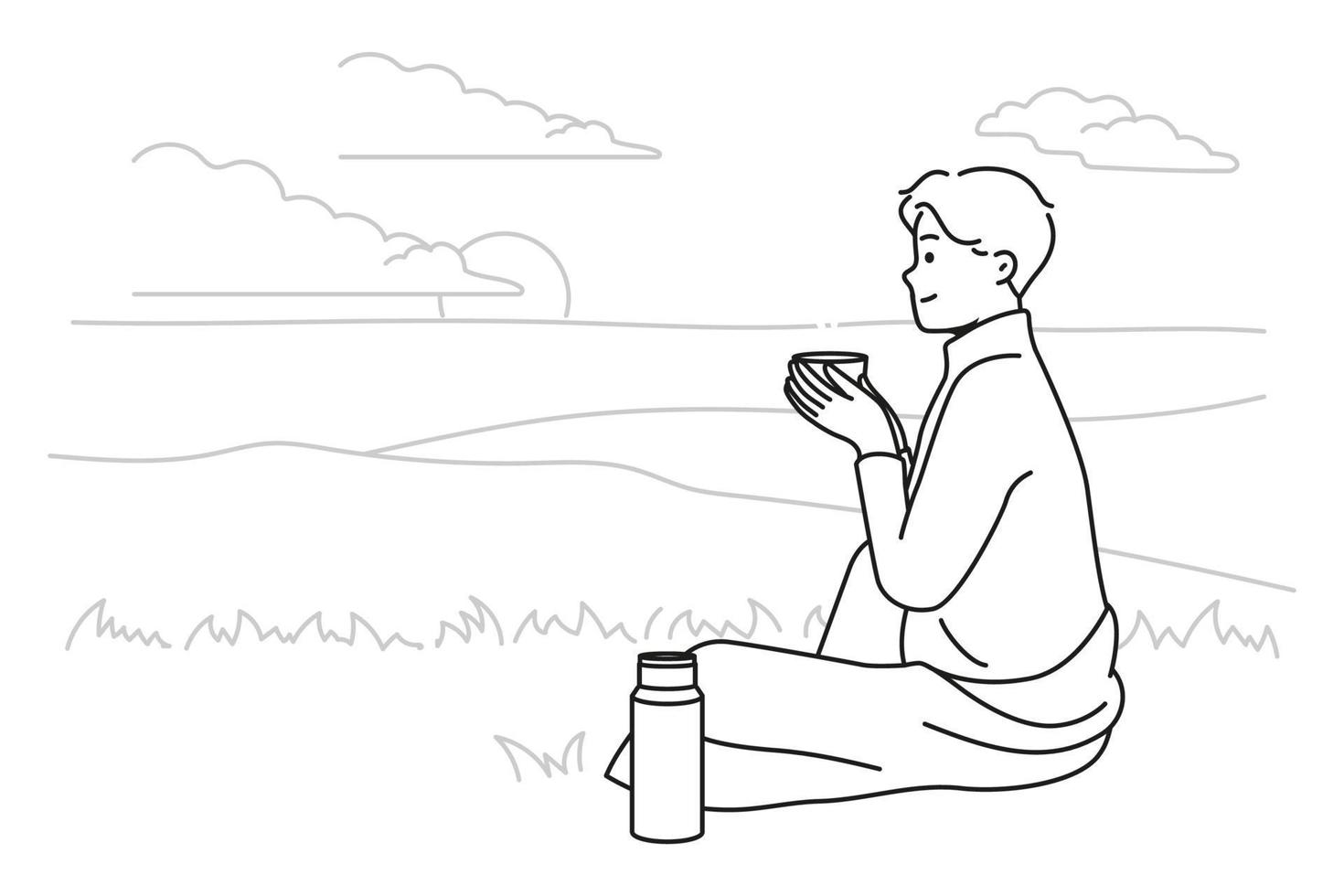 Happy young man sitting in nature drinking tea from thermos. Smiling enjoy warm coffee on hill outdoors. Relaxation concept. Vector illustration.