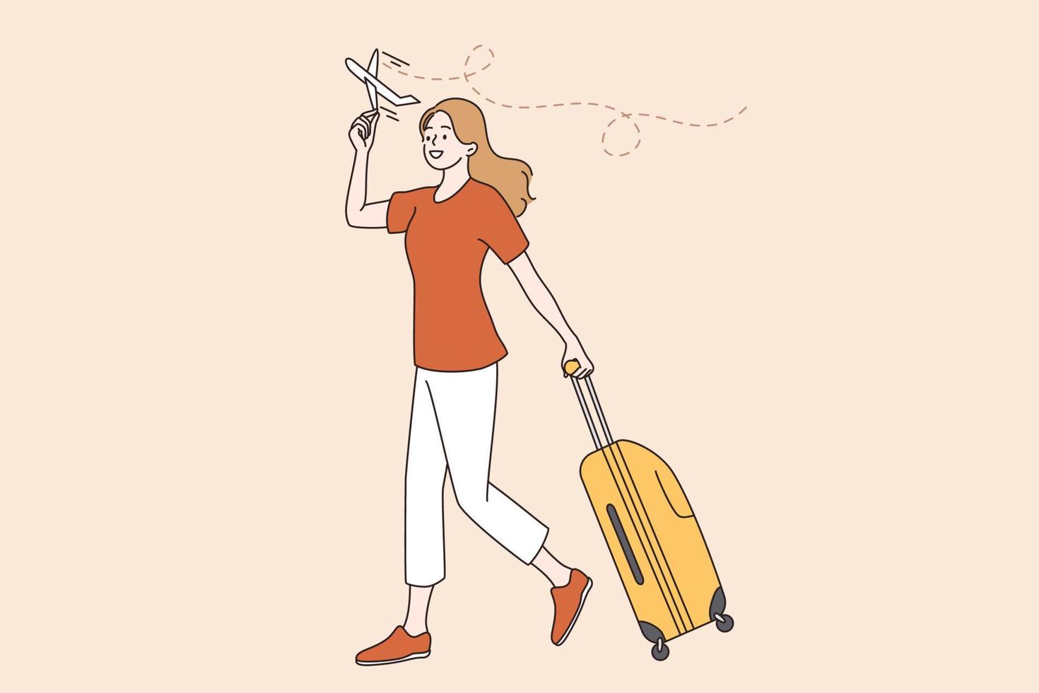 viajes y vacaciones durante el concepto de pandemia covid-19. mujer joven caminando con maleta lista para volar durante la ilustración del vector de cuarentena