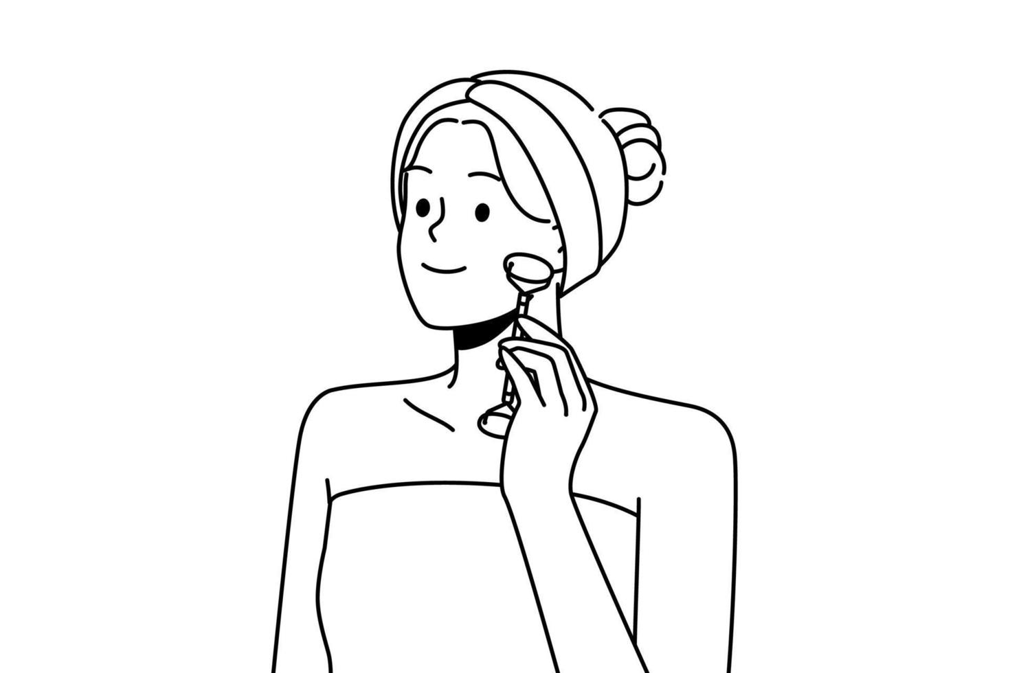 Smiling young woman in towel make face massage with beauty roller. Happy girl do facial treatment in bathroom. Skincare concept. Vector illustration.
