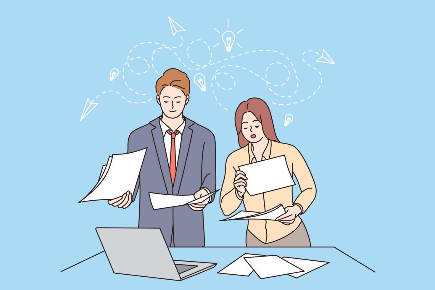 innovación, trabajo en equipo, concepto de nuevas ideas. socios de negocios femeninos y masculinos trabajadores colegas de pie discutiendo ideas de negocios con documentos en la oficina juntos ilustración vectorial vector