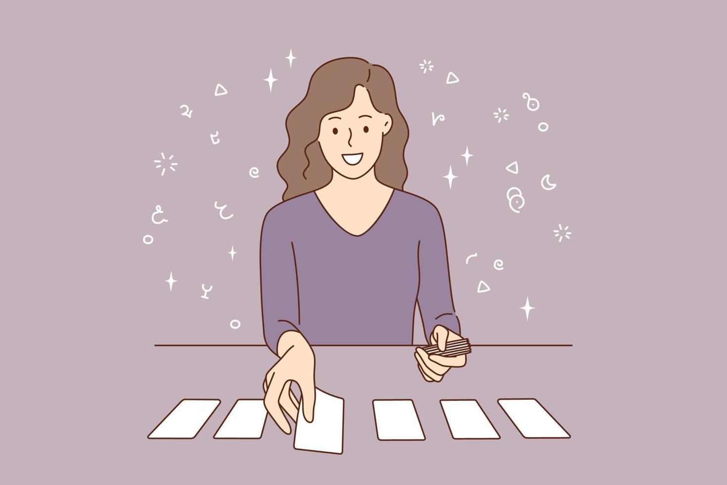 naipes y concepto de pronóstico individual. hermoso personaje de dibujos animados de mujer joven sonriente sentado colocando cartas en la mesa sobre ilustración de vector de fondo gris