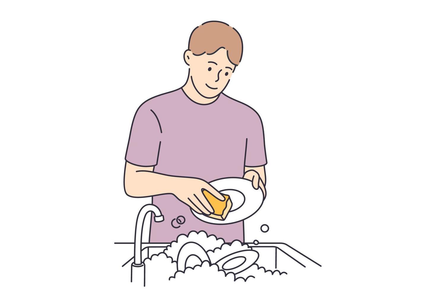 Washing dishes and housework concept. Young smiling man cartoon character standing washing dishes with special soap and brush over white background vector illustration