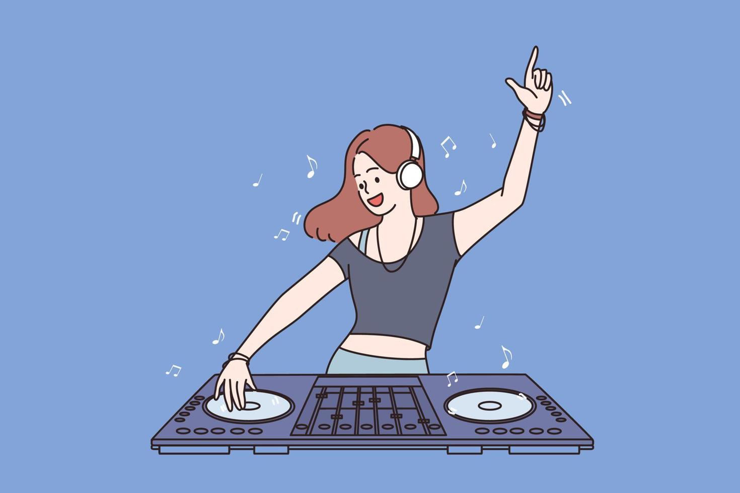 Working as dj in club concept. Young smiling girl teen cartoon character standing and making musical mix with special equipment and working as dj feeling fun vector illustration