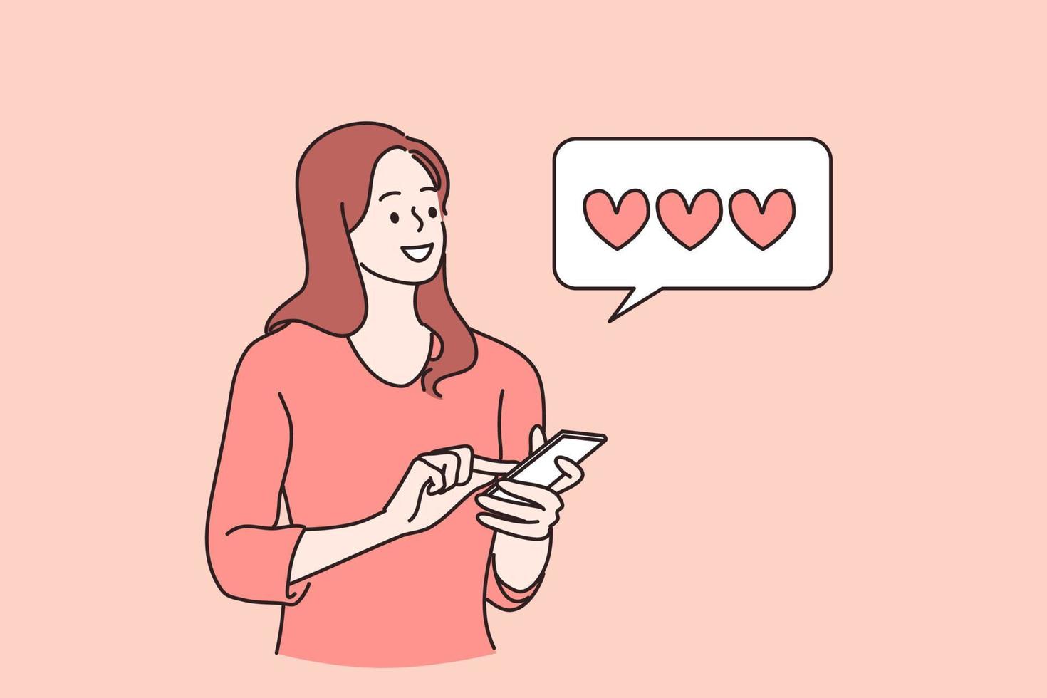 Popular blogger or vlogger concept. Cheerful girl cartoon character popular blogger looking glad standing with smartphone and checking number of followers and likes vector illustration
